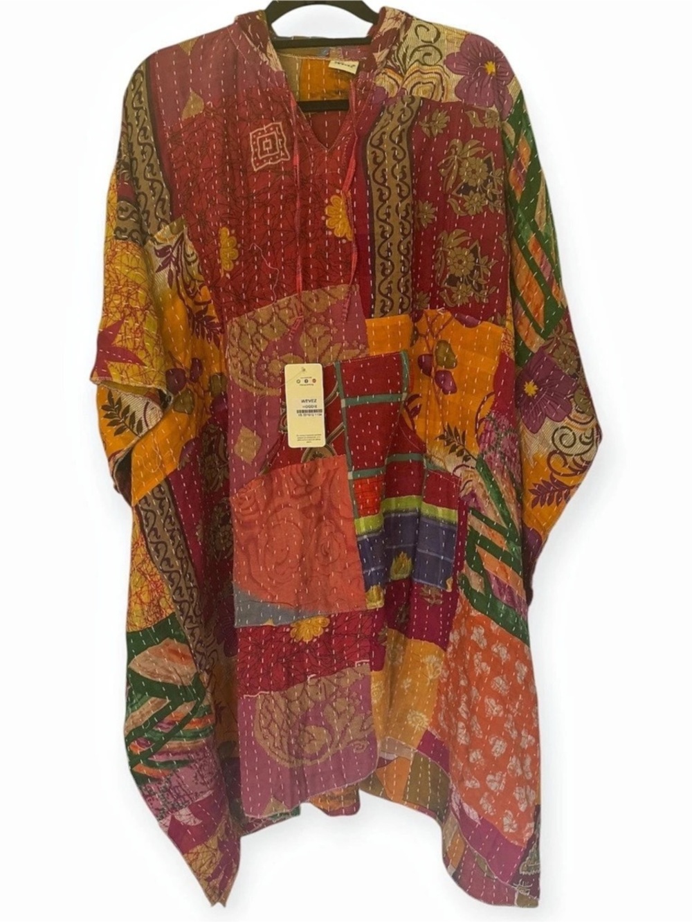 Wevez Vintage Kantha Patchwork Poncho Boho Oversized Hand-Stitched Kaftan Top OS